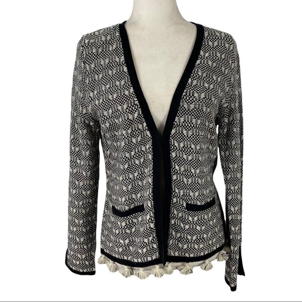 Nanette Lepore Knit Cotton Black White Cardigan with Tassels Fringe Hem Medium